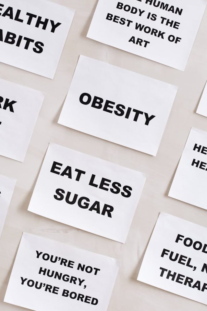 Motivational cards promoting a healthy lifestyle with messages about diet and fitness.
